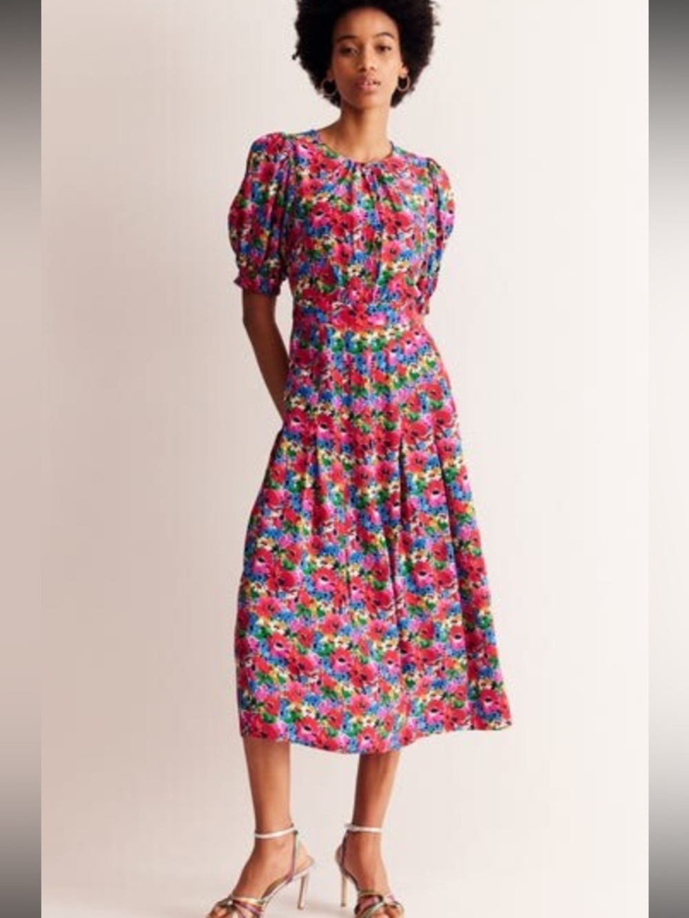 BODEN Liv Pleat Detail Midi Dress-Multi, Wild Poppy (mIX 26)